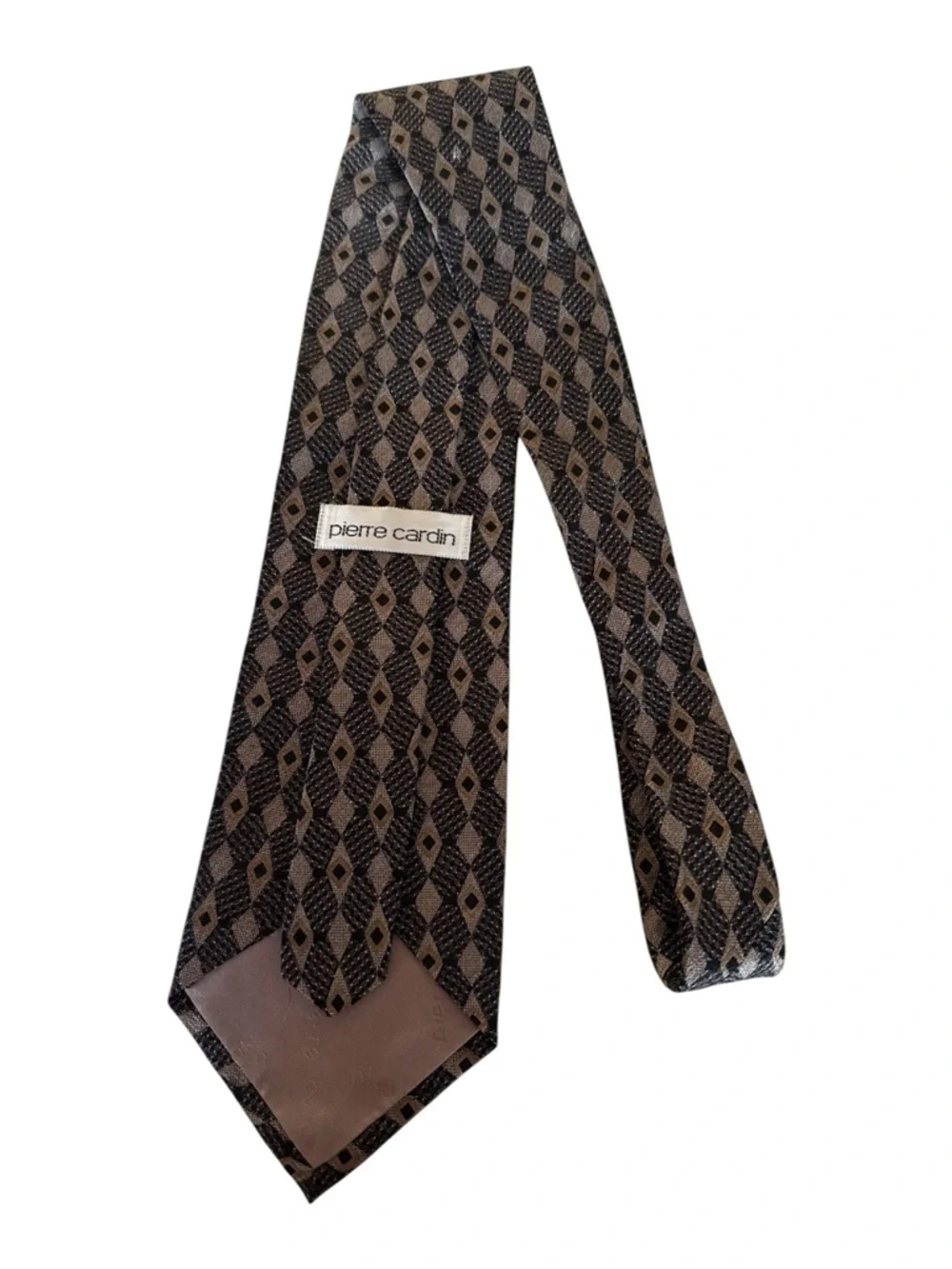 Pierre Cardin Silk‎ Tie Geometric Diamond Pattern Black Gray Brown Classic
